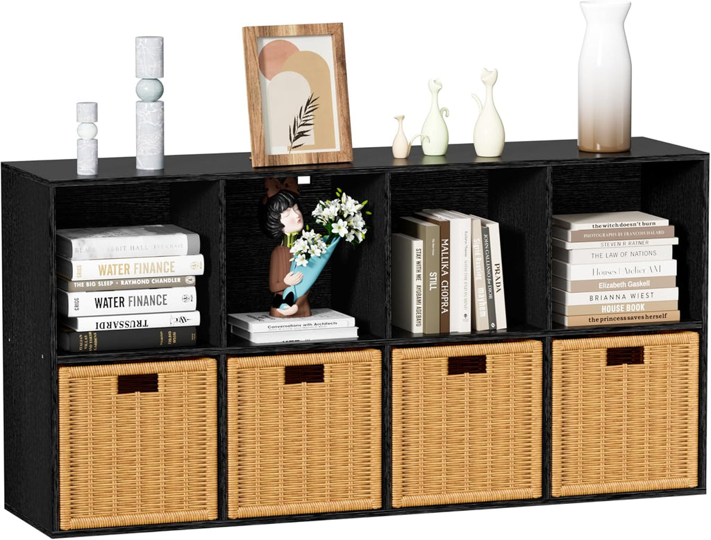 8 Cube Storage Organizer, 11 in Black Cube Shelf, Wood Cubby Storage Organizer with Back Panel & Open Compartments, Vertical or Horizontal Cube Bookshelf Bookcase for Living Room, Bedroom, Entryway