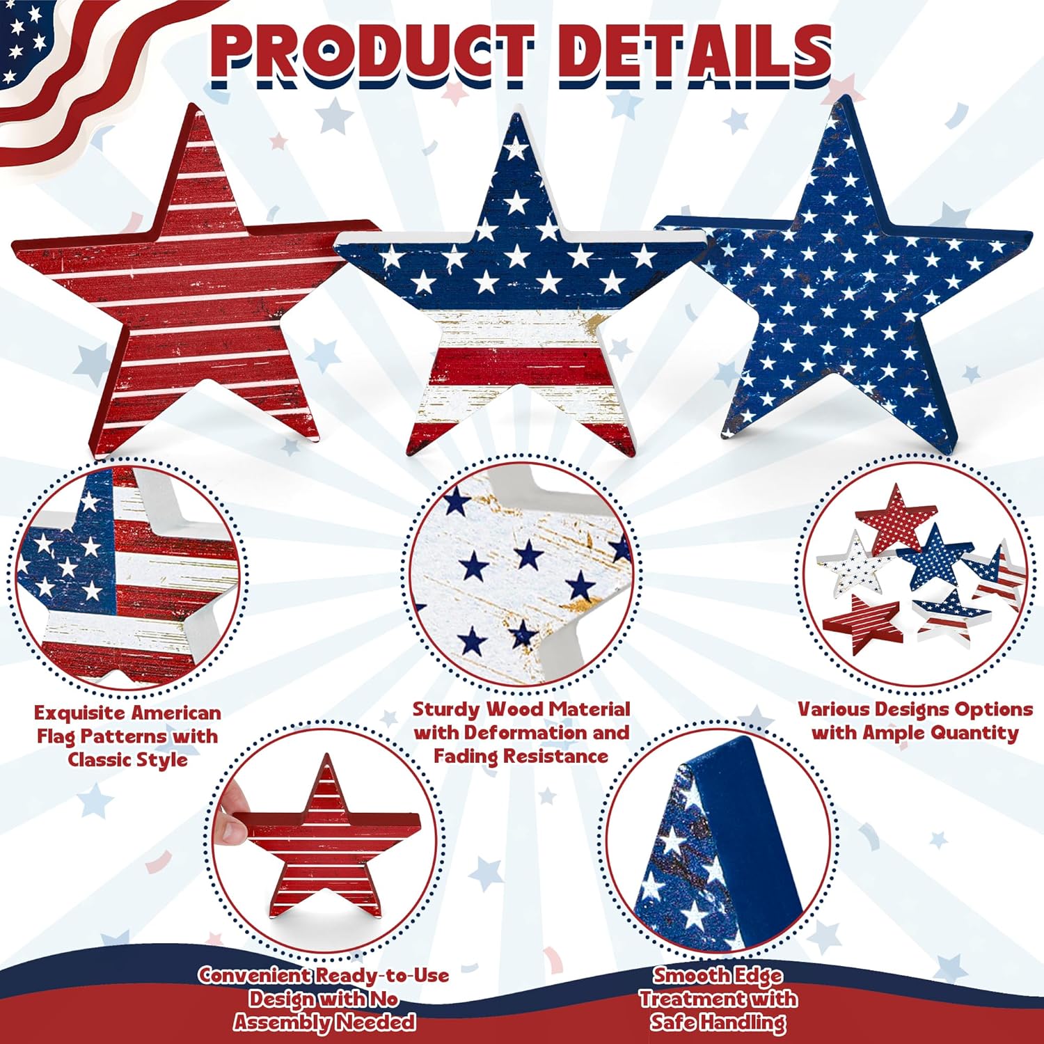 6 PCS 4th of July Wooden Signs, Red White Blue 4th of July Decorations, Star-Shaped 250th Anniversary Patriotic Decor, Independence Day Wood Centerpieces for Tables Shelf Tray Memorial Veterans Day