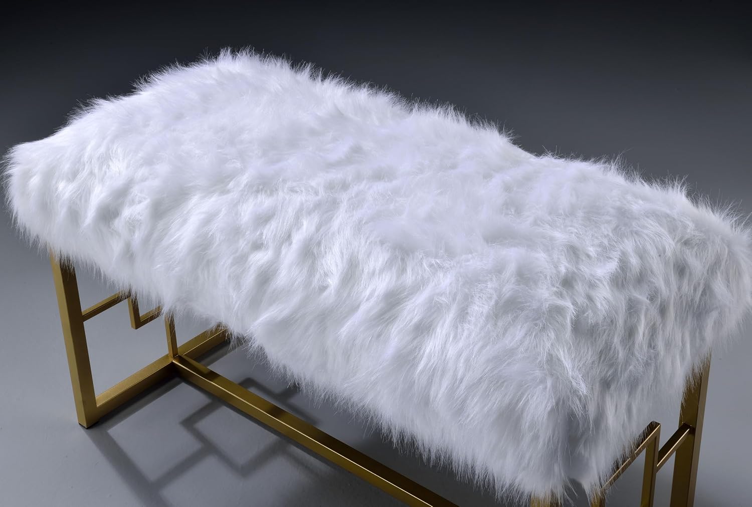 White Faux Fur Gold Bench: Modern Armless Lounge Seat - 21" Height 300lb Capacity - Entryway Bedroom Living Room Accent Furniture