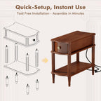 Nightstand with Charging Station & Drawer, Pre-Assembled Vintage Side Table with Shelf, Rustic Wood Finish Narrow End Table with Turned Legs for Bedroom Living Room, Caramel Walnut Brown, 2Pcs