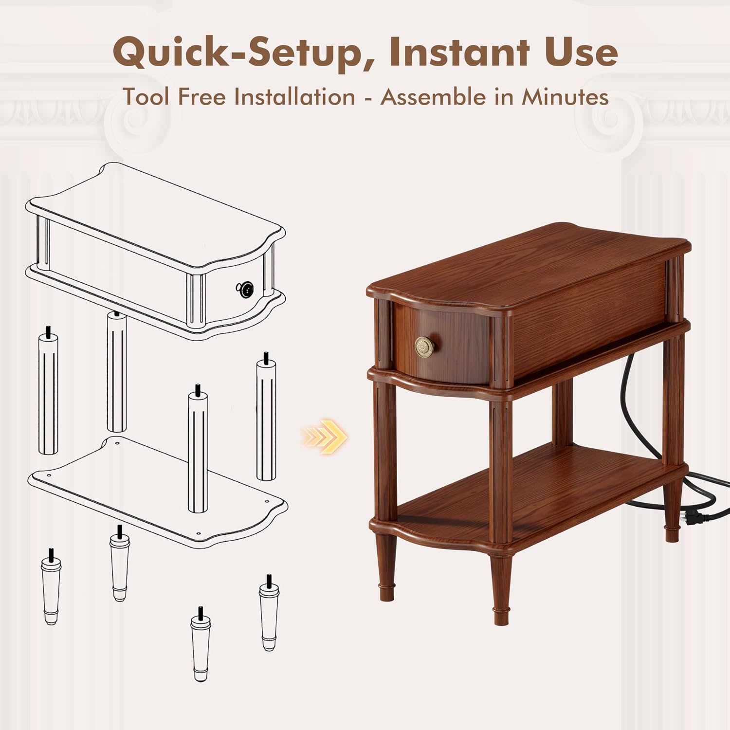 Nightstand with Charging Station & Drawer, Pre-Assembled Vintage Side Table with Shelf, Rustic Wood Finish Narrow End Table with Turned Legs for Bedroom Living Room, Caramel Walnut Brown, 1Pc