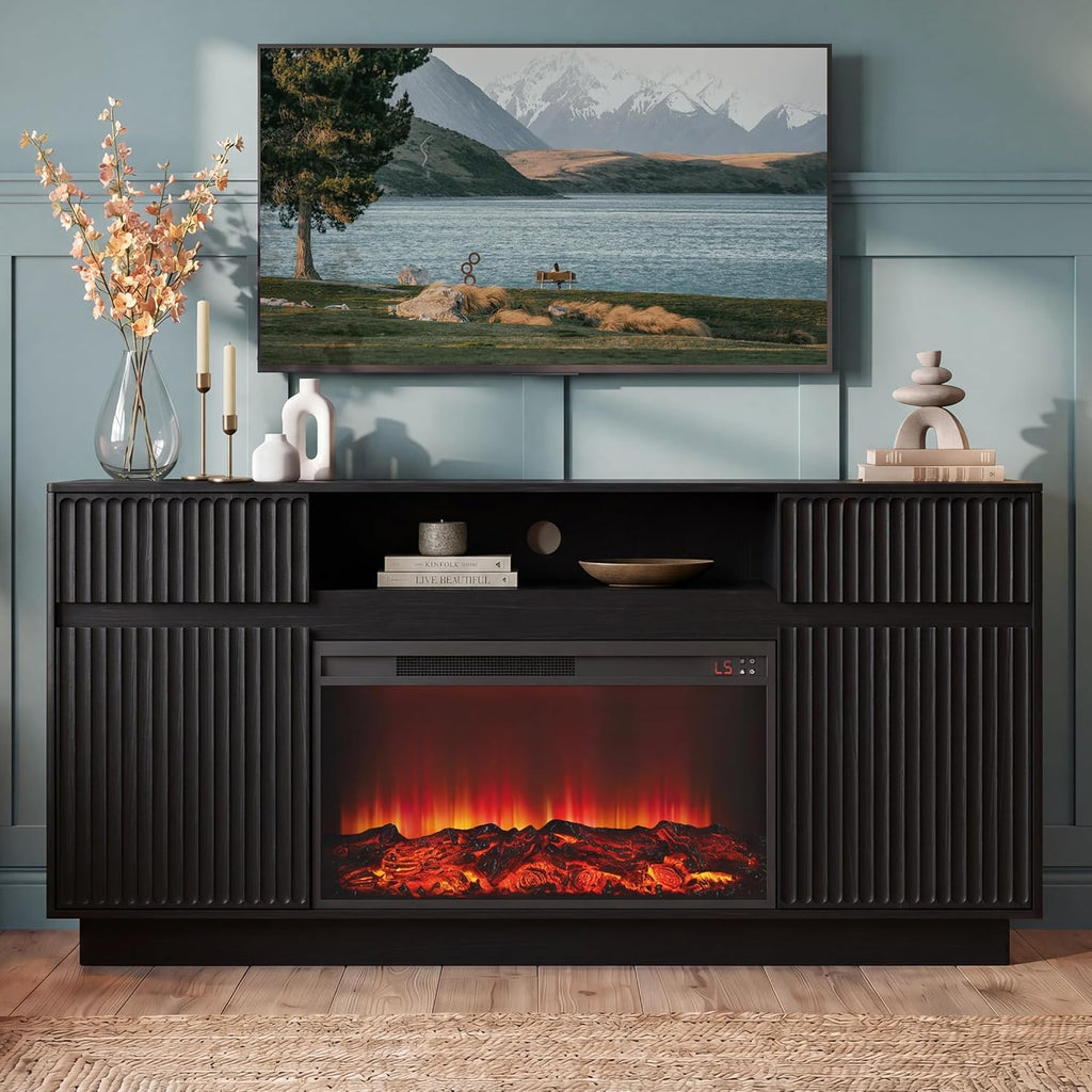 Fireplace TV Stand with 30" Electric Fireplace, Modern Fireplace Entertainment Center Fits TVs up to 70", Fluted Wood TV Console with Spacious Storage Cabinet for Living Room (Black)