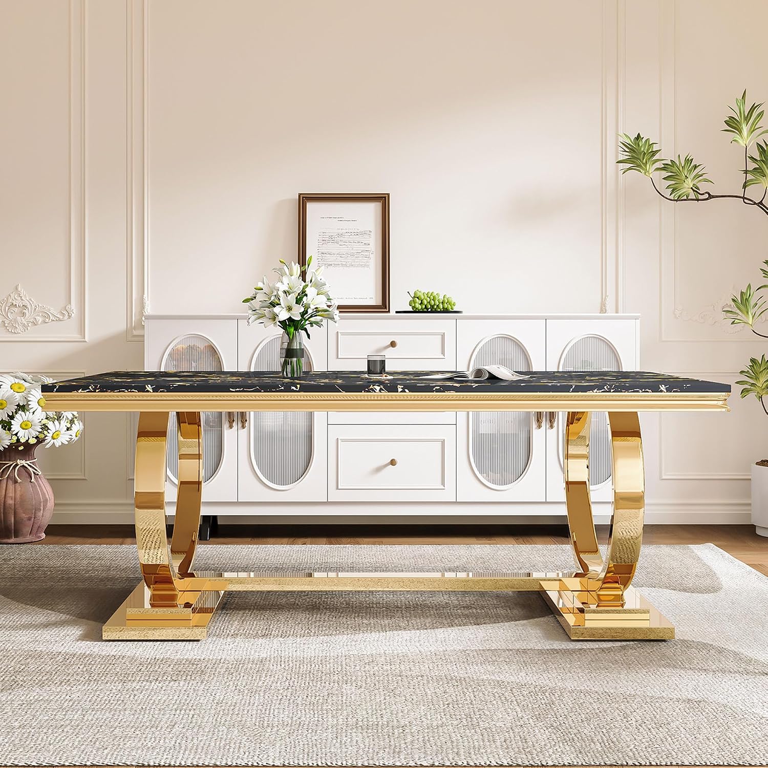 70" Marble Dining Table with Black Faux Marble Top and Gold O-Shape Stainless Steel Base, Modern Rectangular Kitchen Table for Living Room, Home Office, Easy to Clean