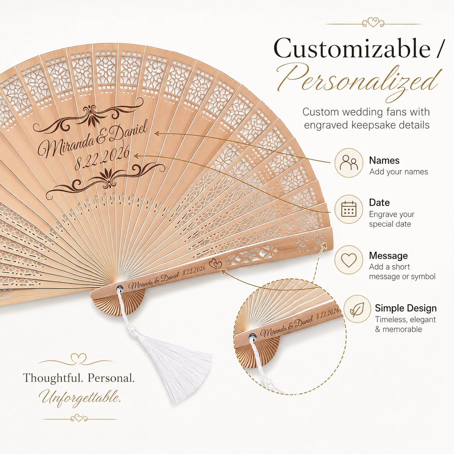 Personalized Wedding Fans for Guests, Custom Wooden Folding Hand Fans Bulk, Engraved Sandalwood Handheld Fans with Organza Bags & Tassels, Party, Bridal & Birthday Shower Favors (30PCS)