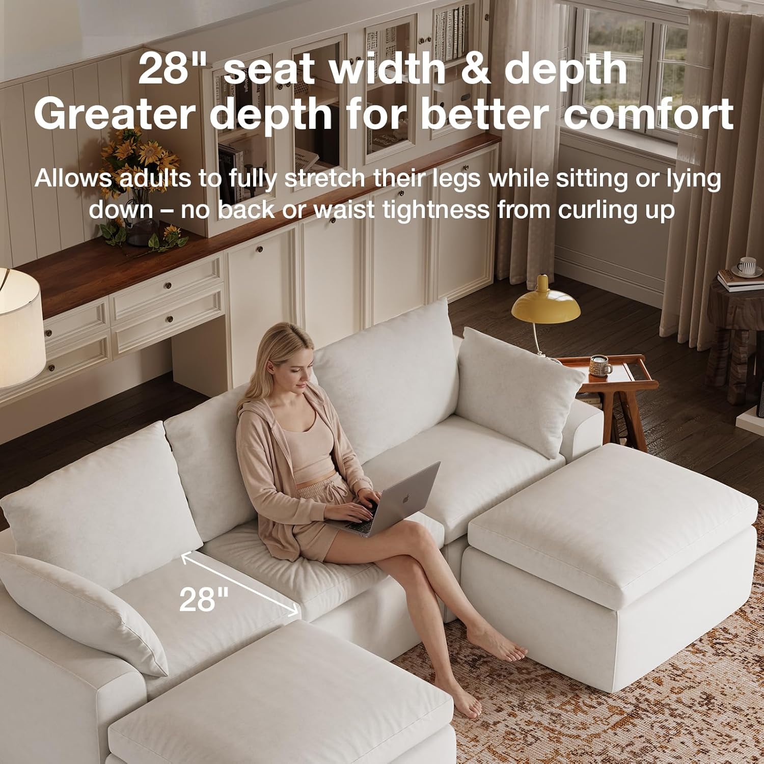 Novilla 104.3" Modular Cloud Couch, Modern Sectional Sofa with Smarts Coil® Support, Chenille Fabric, Upholstered Couch for Living Room Apartments Bedroom, No Assembly, 3 Seater + 1 Ottoman, White