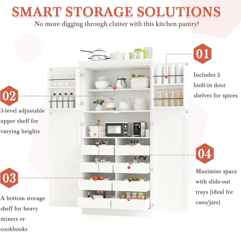71 Inch Kitchen Pantry Cabinet with Pull-Out Trays, White | White P2 MDF, kitchen or dining room, door shelves, adjustable shelf, freestanding design, 17.6 in D, 35.5 in W