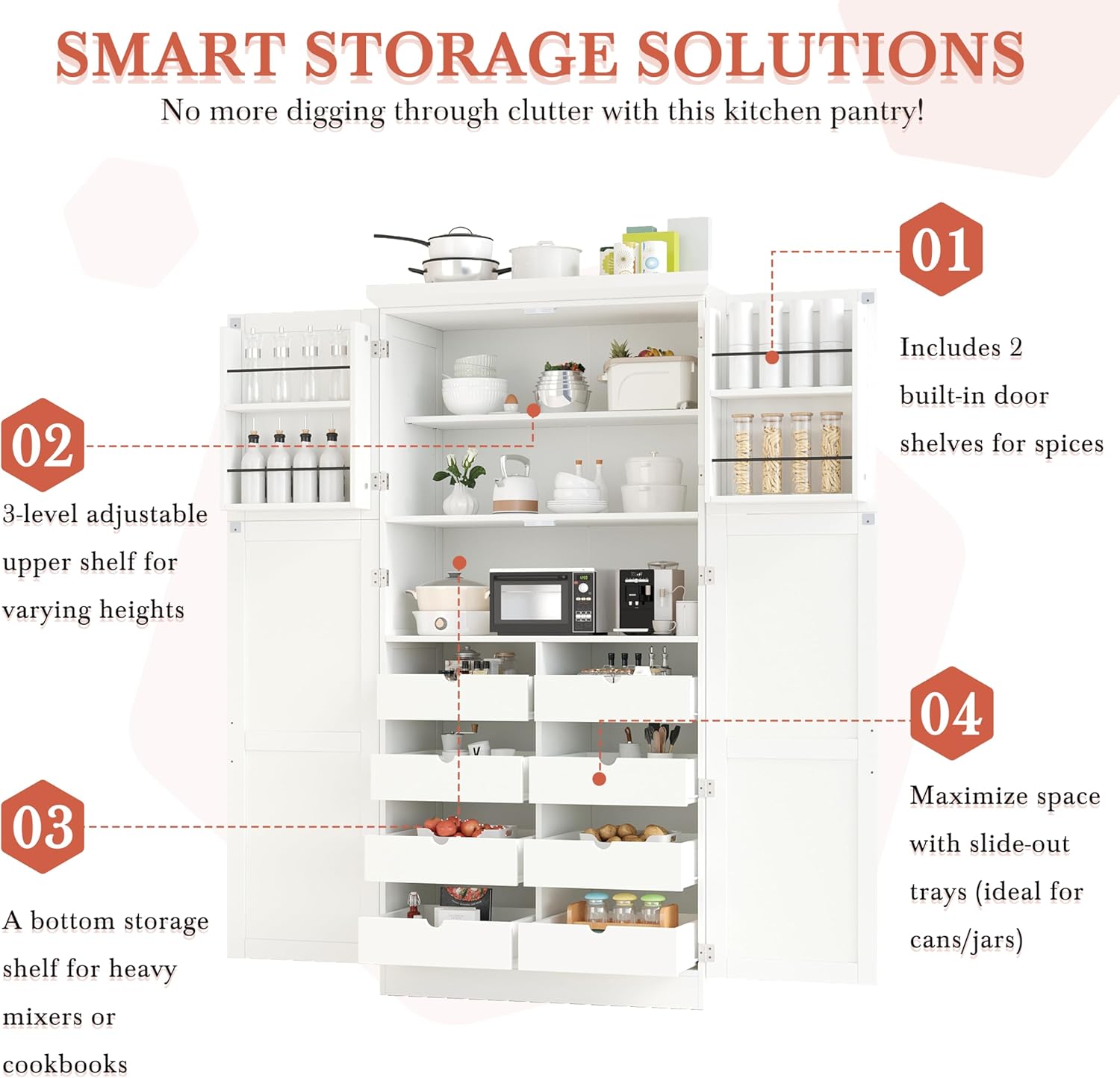 LUMISOL Kitchen Pantry Cabinet, 70.9" Tall Cupboard Storage Cabinet with Adjustable Shelves and Door Shelves, Freestanding Kitchen Hutch with 8 Pull-Out Trays for Dining Room Living Room, White
