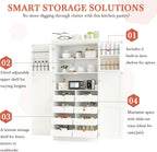 SOFTSEA Tall Kitchen Pantry Cabinet for Dining Room, Kitchen Hutch with 8 Pull-Out Trays, Freestanding Storage Cabinet with Adjustable Shelves and 2 Door Shelves, 35.5x17.6x70.9 Inch, White
