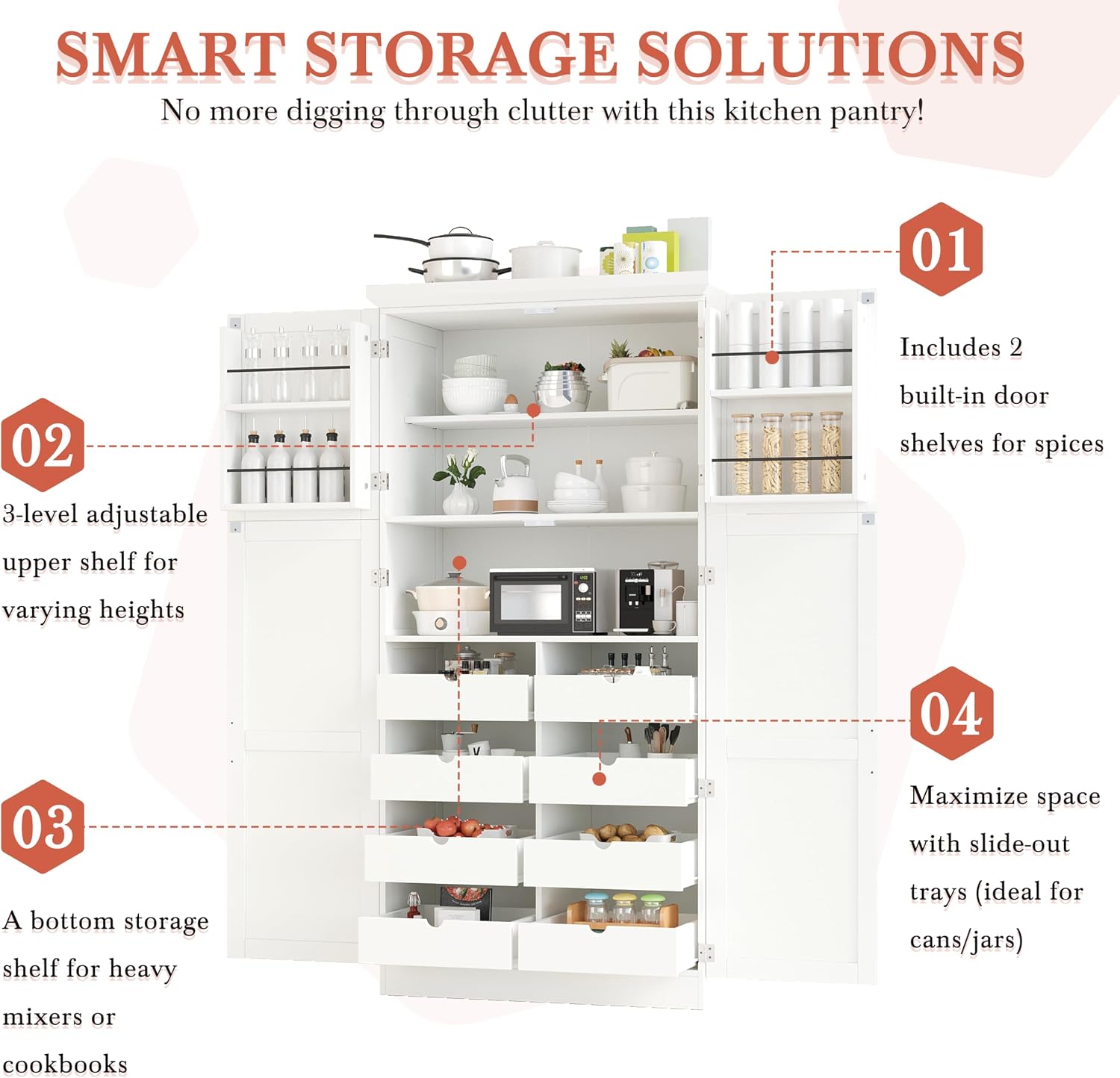 SOFTSEA Tall Kitchen Pantry Cabinet for Dining Room, Kitchen Hutch with 8 Pull-Out Trays, Freestanding Storage Cabinet with Adjustable Shelves and 2 Door Shelves, 35.5x17.6x70.9 Inch, White