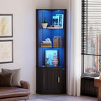 69" Corner Glass Display Cabinet with Human Body Sensor,3-Tier Movable Glass Shelves,Curio Display with RGB Lights,Bookcase with Storage Cabinet for Toys,Books,Collectibles,Liquor,Black