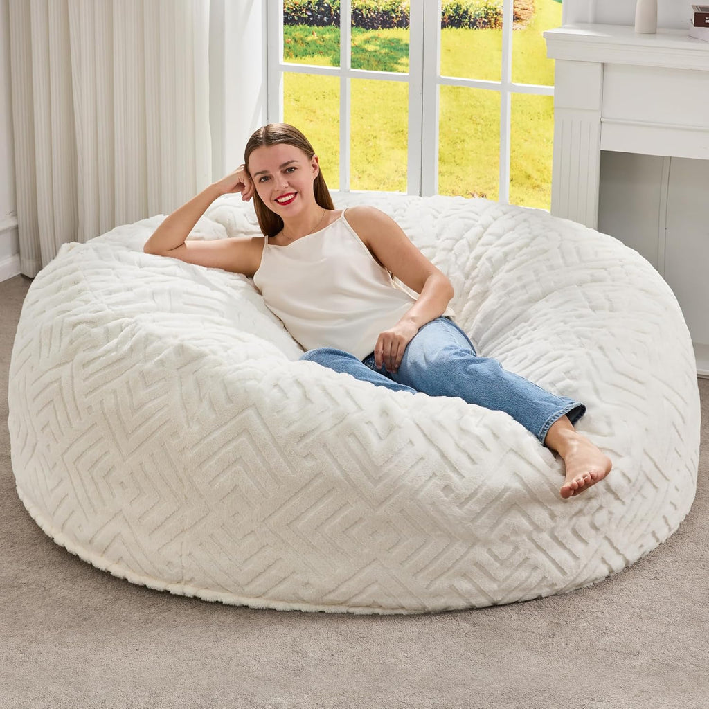 Hobestluk Bean Bag Chair Giant Beanbag Washable LivingRoom 5FT White Adult | Memory foam,Ergonomic Design,Breathable Detachable Cover,Removable,Easy Clean,2-Way-Use,No Assembly Required,Bedroom Dorm