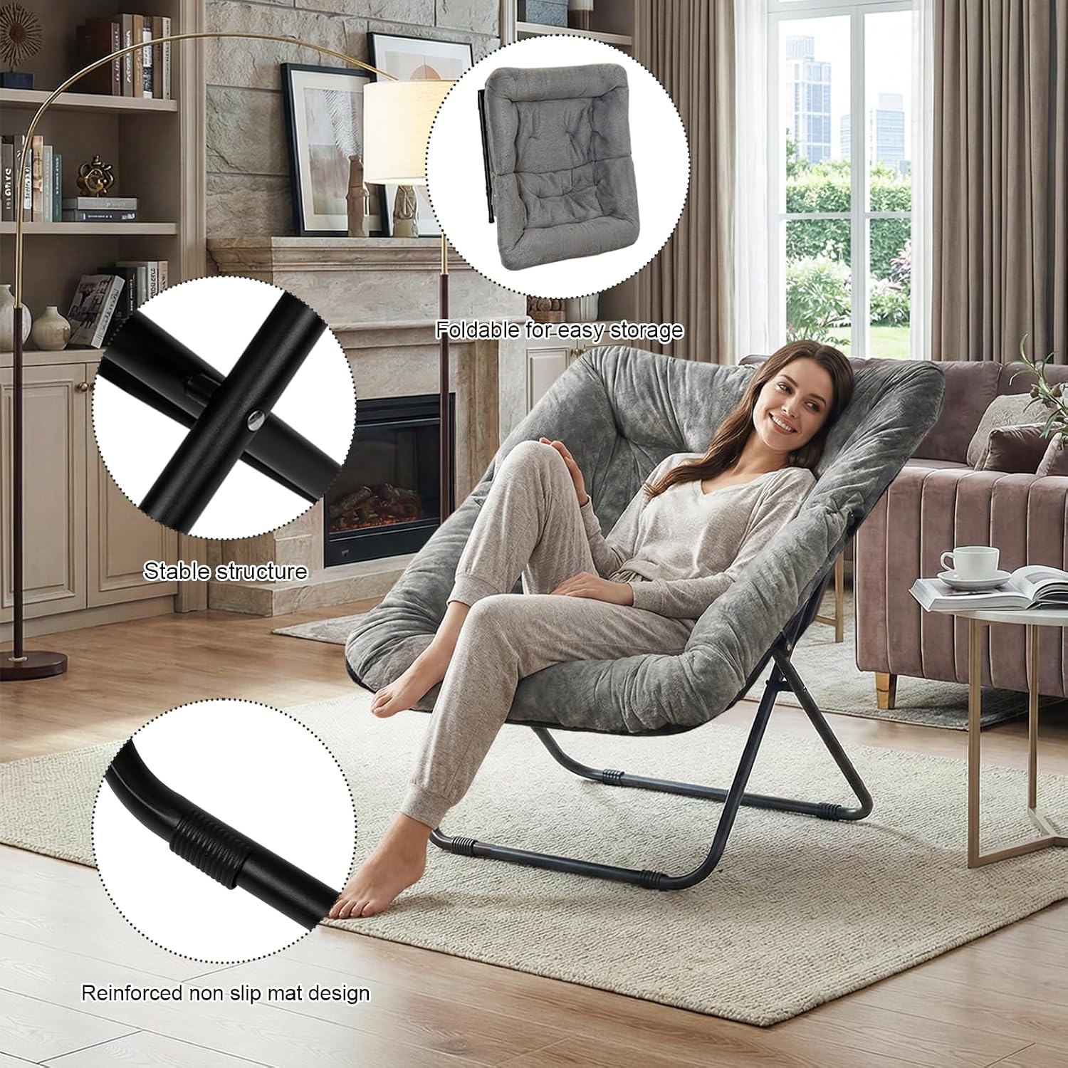 Grezone Folding Comfy Saucer Chair,Soft Faux Portable Folding Bedroom Chair for Bedroom, Dorm Rooms, Apartments, Lounging, Garden,Grey