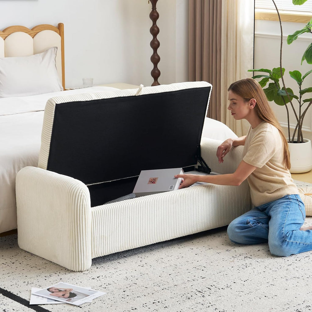Upholstered End of Bed Bench with Storage,Oversized Corduroy Storage Ottoman Bench for Living Room,Ottoman Foot Rest for Bedroom,Beige