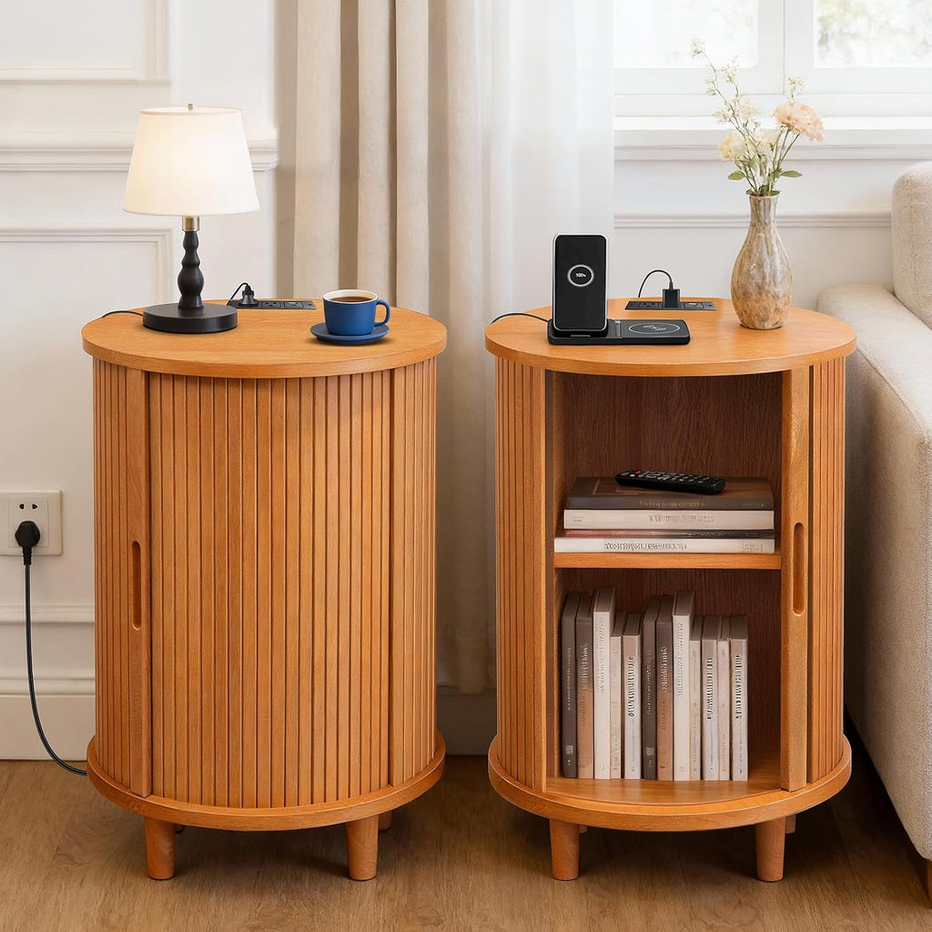 DHH Round End Table with Storage & Charging Station, Fluted Accent Side Table with Sliding Door & Adjustable Shelf, Mid-Century Nightstand for Small Spaces, Living Room, Bedroom (1, Yellow Walnut)