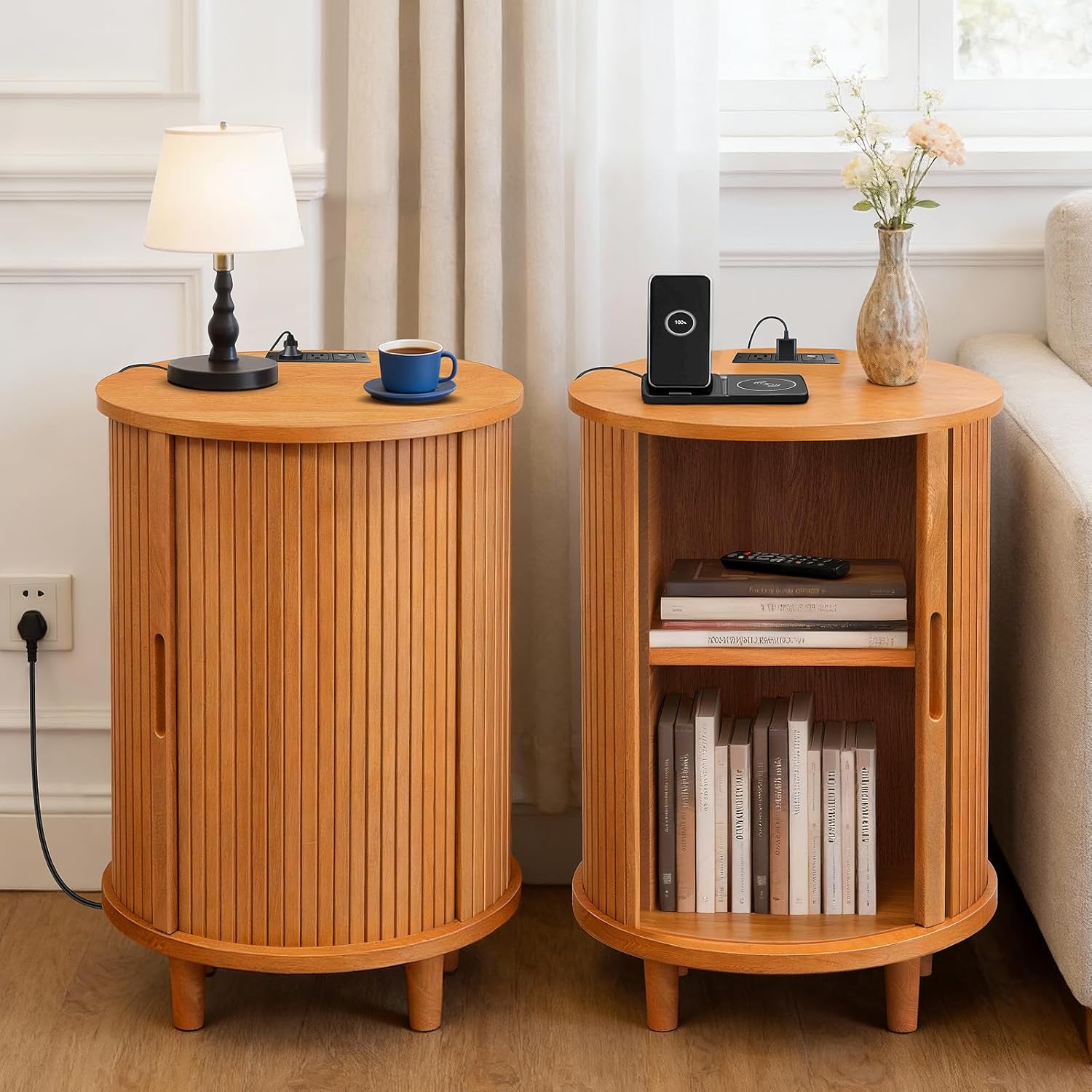 DHH Round End Table with Storage & Charging Station, Fluted Accent Side Table with Sliding Door & Adjustable Shelf, Mid-Century Nightstand for Small Spaces, Living Room, Bedroom (1, Yellow Walnut)