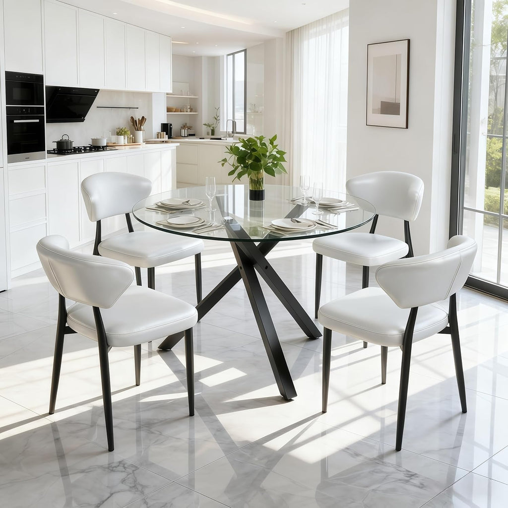 Round Glass Dining Table Set for 4, 39" Round Kitchen Table and Chairs for 4 with Tempered Glass Top and Metal Base, 5 Piece Modern Dining Room Table Set for Small Spaces