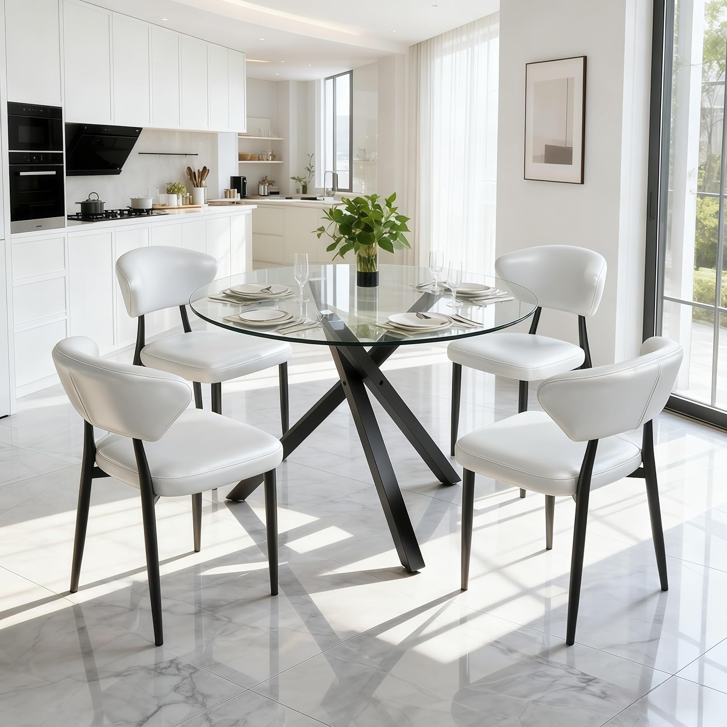Round Glass Dining Table Set for 4, 39" Round Kitchen Table and Chairs for 4 with Tempered Glass Top and Metal Base, 5 Piece Modern Dining Room Table Set for Small Spaces