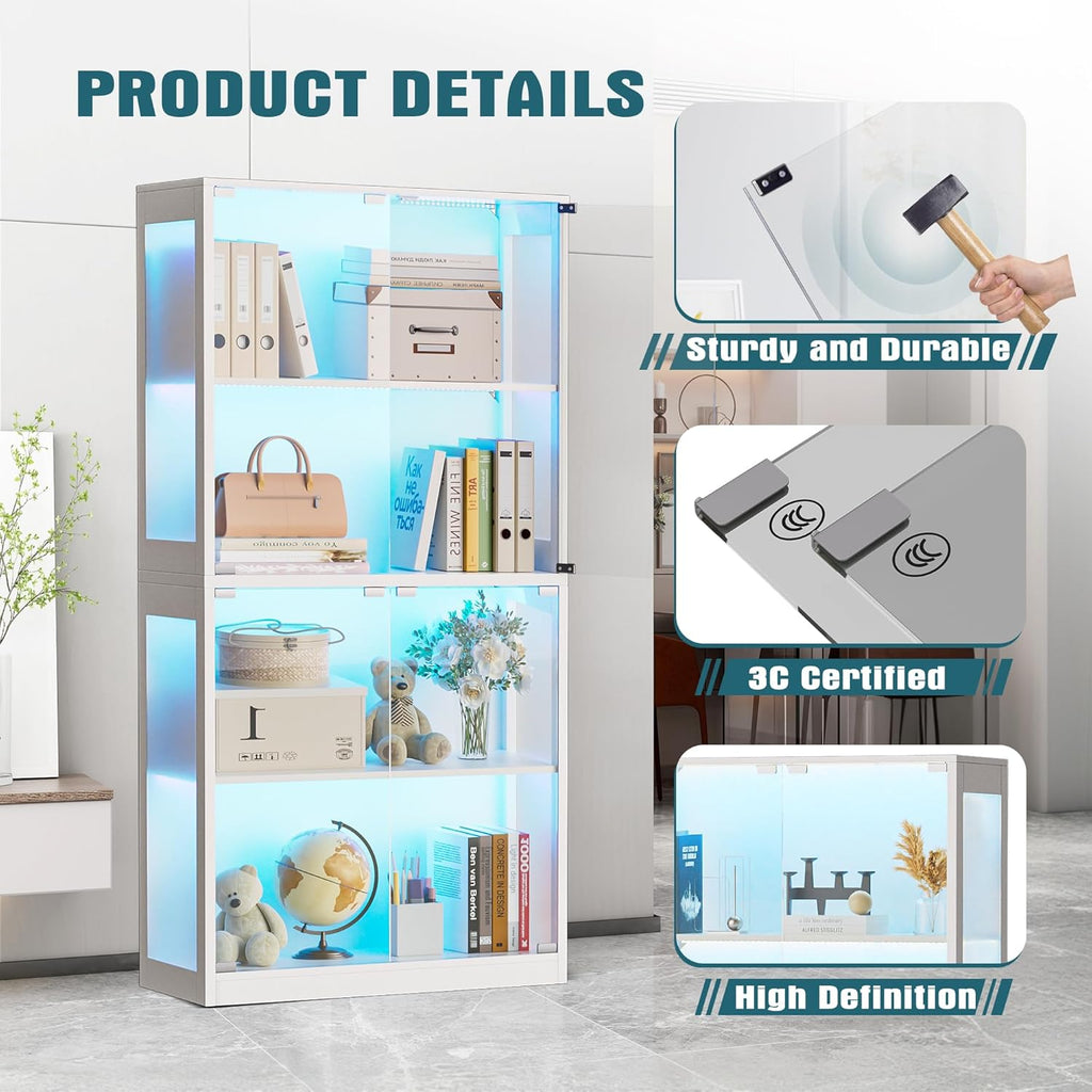 Grepatio Display Cabinet with Glass Doors, 4-Tier Curio Display Case, Collectibles Display Shelf with 12 Color Lights, Toy Bookshelf and Bookcase Cabinet for Collectible Playroom (White)