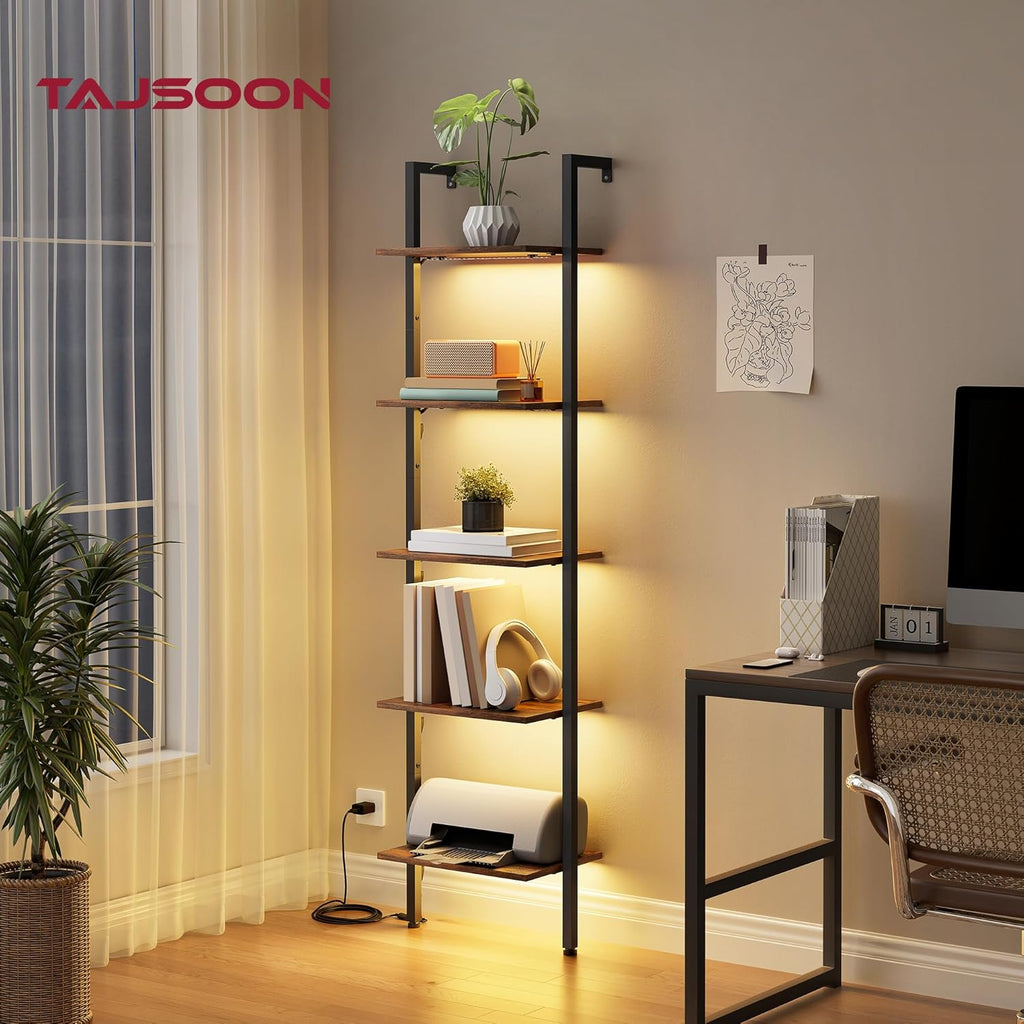 5-Tier Ladder Shelf with LED Light, Wall Mounted Bookshelf with Metal Frame, Rustic Brown — for Living Room, Bedroom or Office