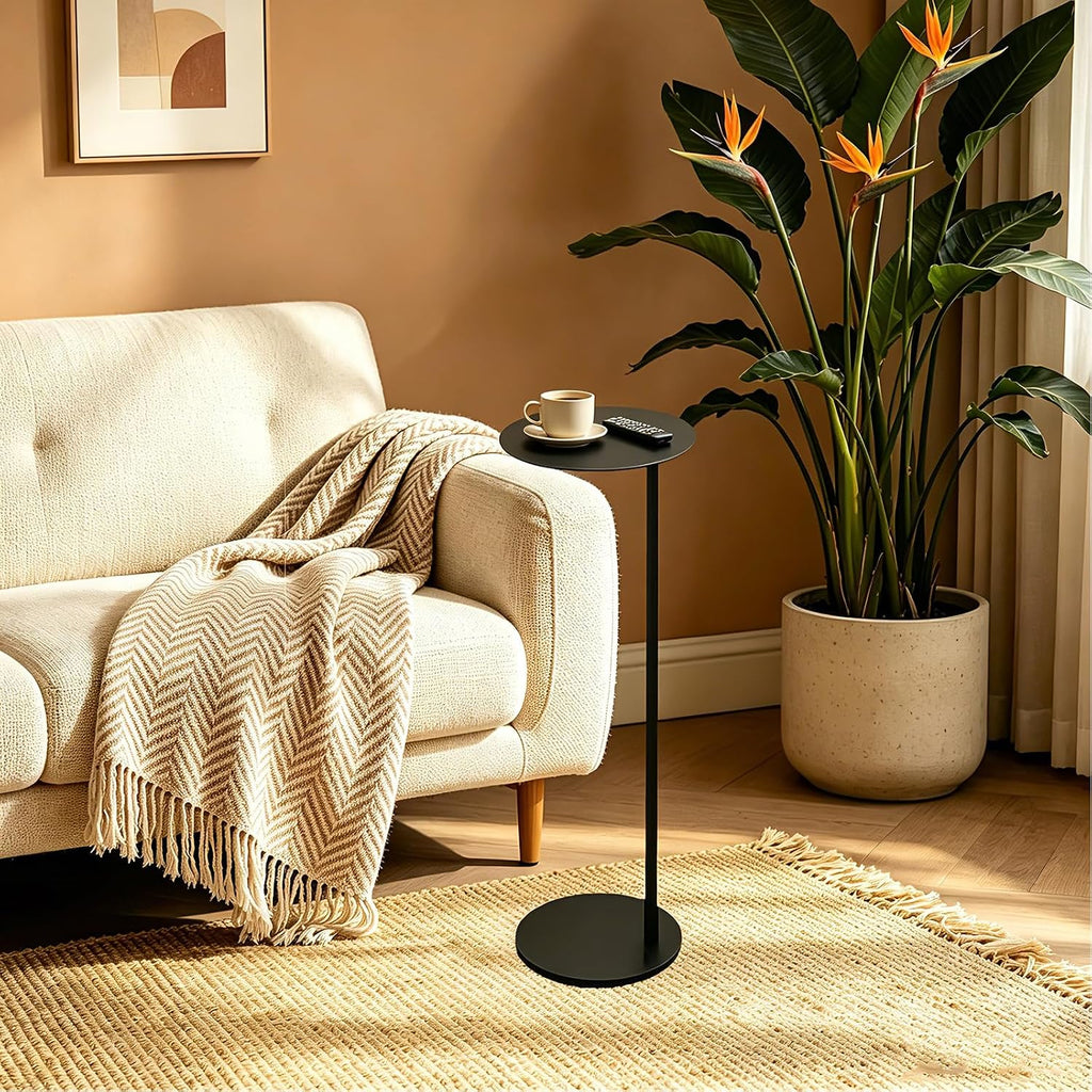 Metal Modern Drink Table, C Shaped Pedestal Table, Martini Round Side Table for Small Spaces, Livingroom, Bedroom, Black End Table with Stand, 7.87x7.87x22.83in