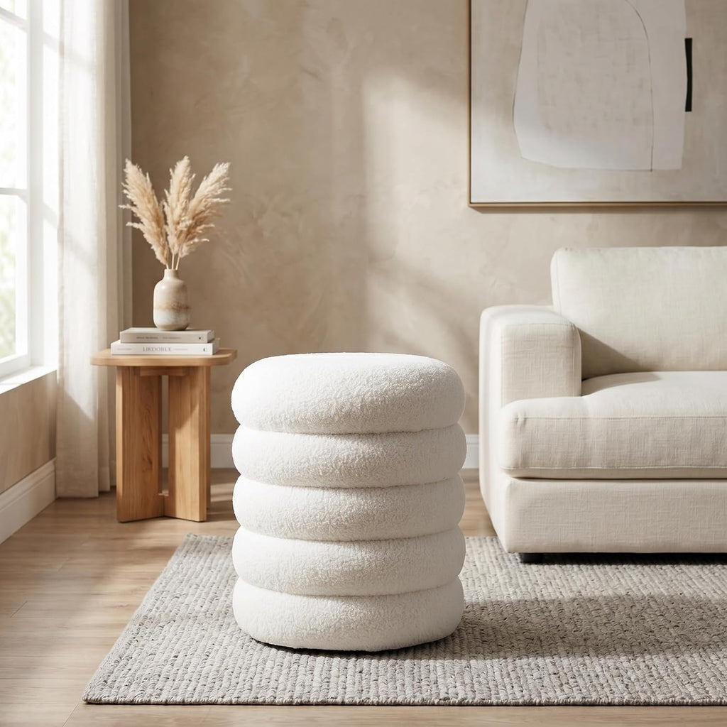 White Round Ottoman with Storage Upholstered Sherpa Foot Stool Ottoman Small Boucle Foot Rest Pouf for Living Room/Entryway, Set of 2