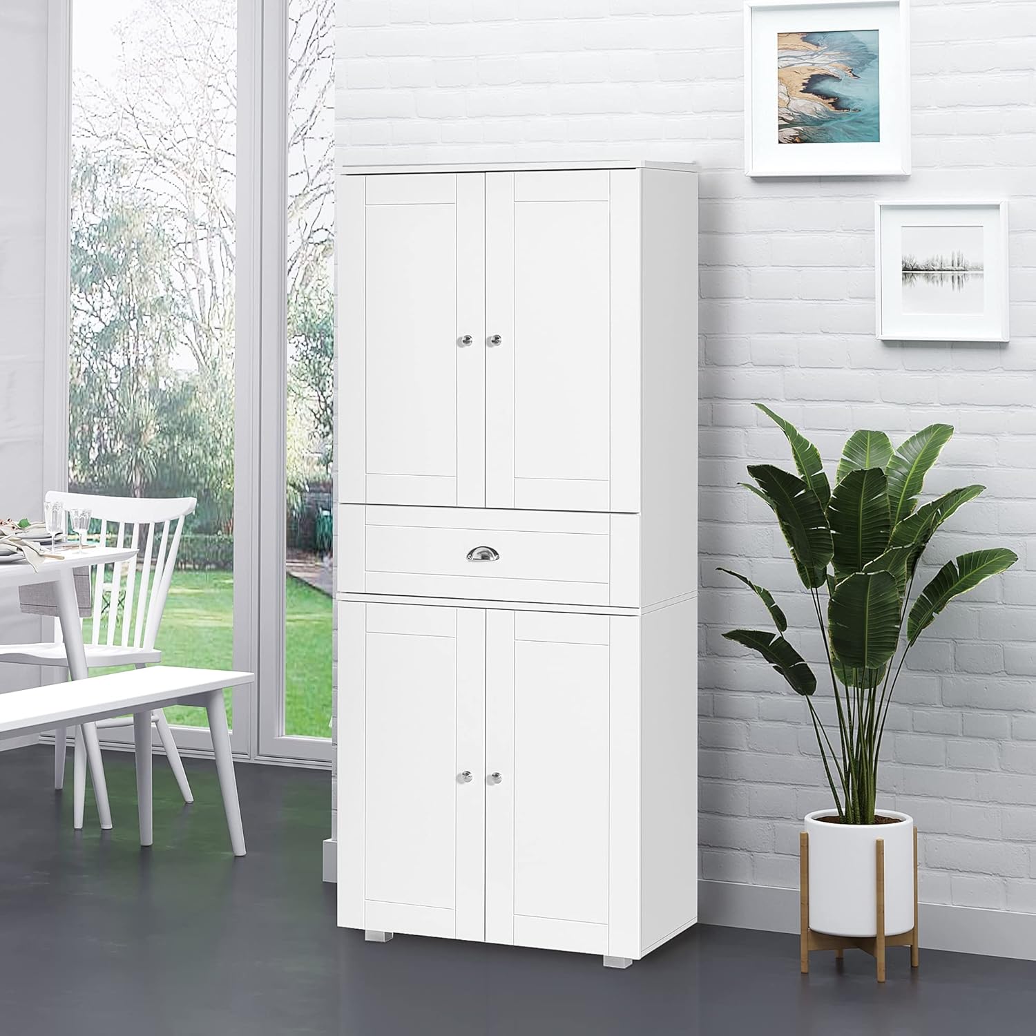 72" Freestanding Kitchen Pantry Cabinet with 2 Large Double Door Cabinets and 1 Center Drawer, White,15.75 * 29.25 * 72.5
