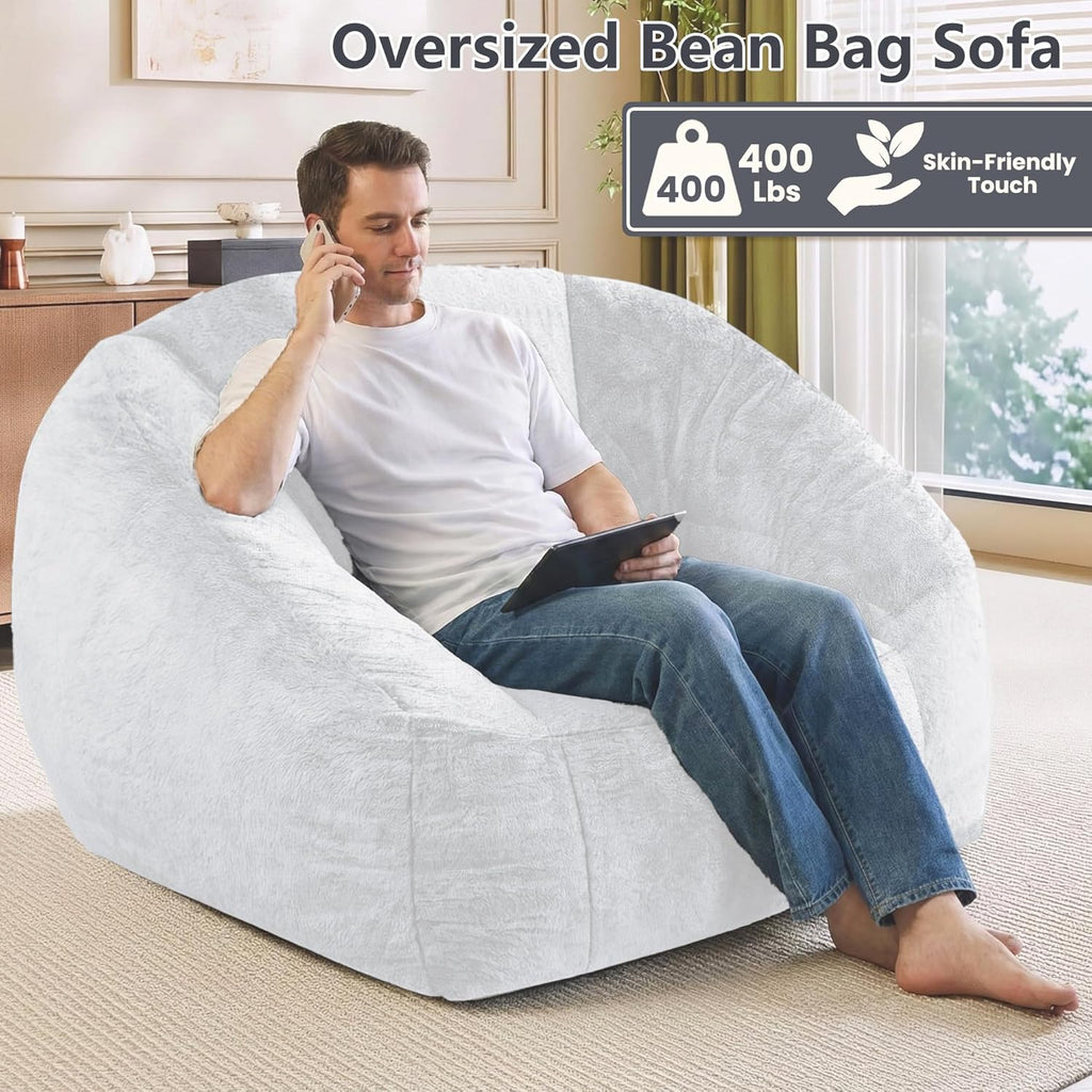 Bean Bag Chairs for Adults, Giant Beanbag Sofa Comfy Reading Chair, Oversized Bean Bag Chairs for Living Room Bedroom, Soft Faux Fur Fabric, 3.2FT, Light Grey, Plush