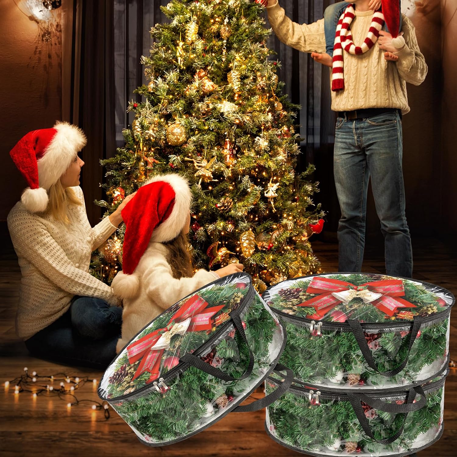 MUXHEL 5 Pcs Christmas Wreath Storage Bags, 24" Dia Round Wreath Storage Containers, Clear, Tear Resistant, Black