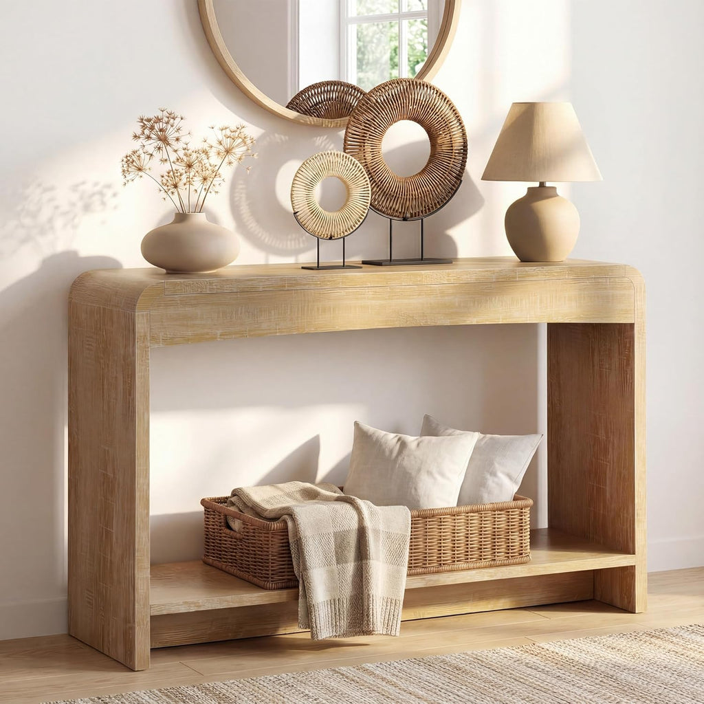 Farmhouse Entryway Table, 43.7" Console Tables for Entryway with Open Shelf, Sofa Table Behind Couch, Wooden Entry Table with Storage for Entrance, Living Room, Hallway, Natural