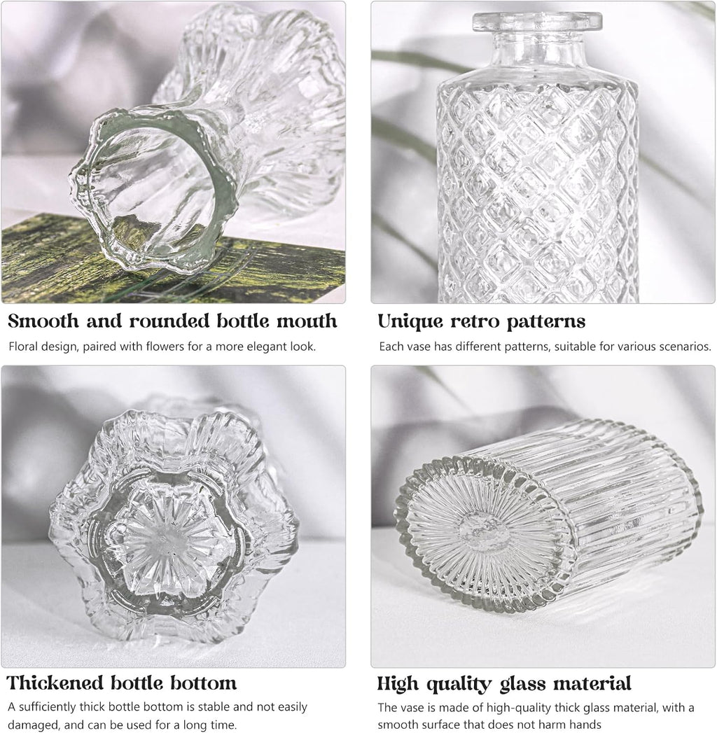 Set of 4 Glass Bud Vase Set, Small Vintage Clear Flower Vase Centerpieces for Table Bulk Cute Rustic Style Mini Vase for Home Decor Wedding Baby Shower Birthday Party