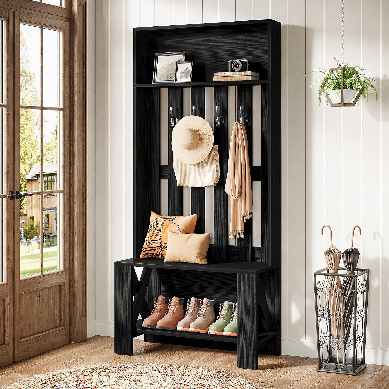 Tribesigns Hall Tree with Bench and Shoe Storage, Modern Entryway Bench with Coat Racks, 70.8" Tall Wooden Hall Tree Organizer with 4 Hooks for Mudroom, Hallway, Bedroom, Space-Saving, Black