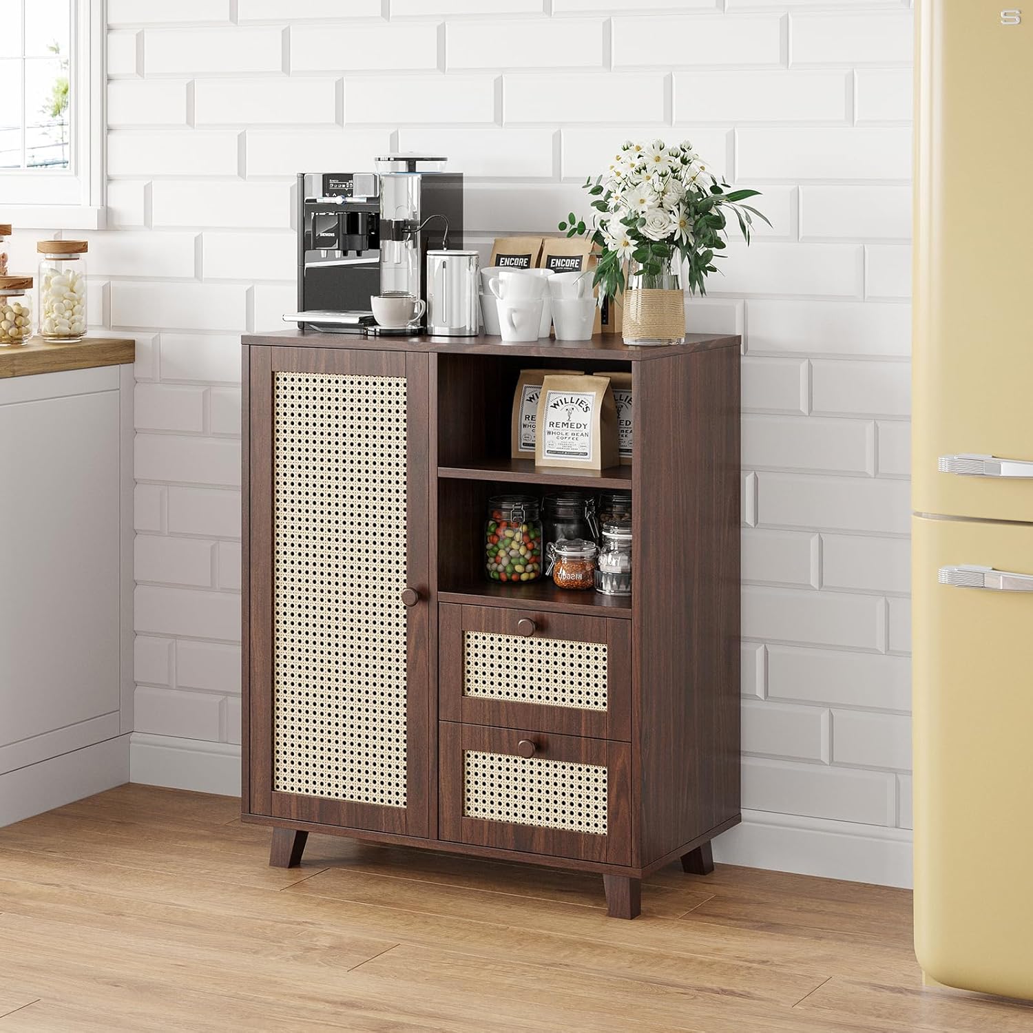 Farini Side Buffet Cabinet with Rattan Doors,Kitchen Sideboard with 2 Drawers Coffee Bar Storage Console Table,Walnut,27.6 inch