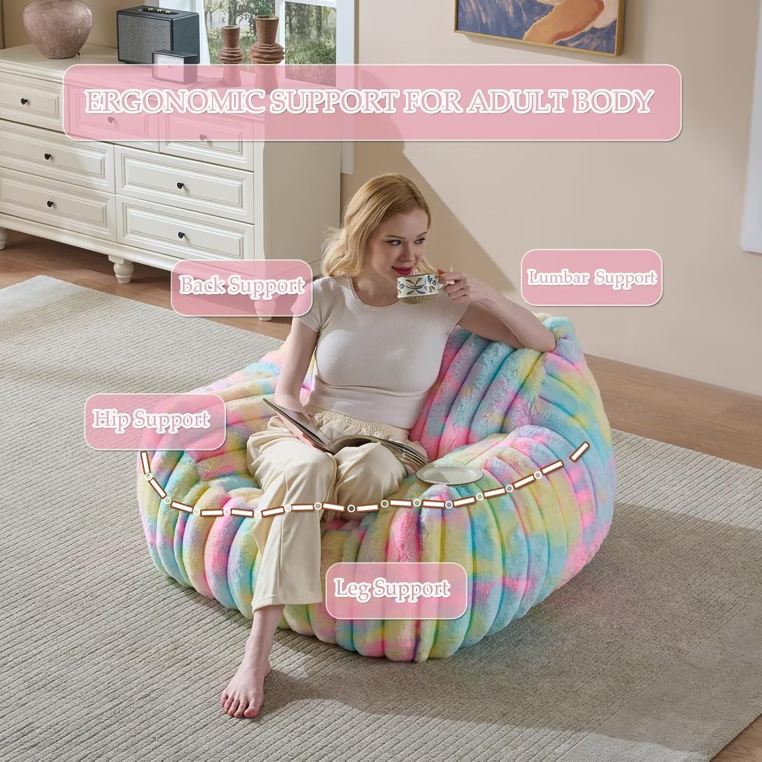 Giant Plush Bean Bag Chair for Adults with Armrests,Oversized Comfy Beanbag Lounge Lazy Floor Sofa Chair for Game Room,Living Room,Bedroom,Ultra Soft Mini Couch-Rainbow