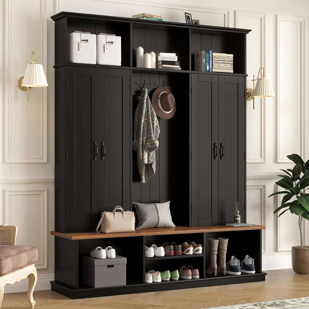 LUMISOL Farmhouse Hall Tree with Bench and Shoe Storage, 62''W Entryway Bench with Hooks, 2 Cabinets & 3 Open Top Cubbies for Entrance, Hallway, Mudroom, Black