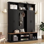 LUMISOL Farmhouse Hall Tree with Bench and Shoe Storage, 62''W Entryway Bench with Hooks, 2 Cabinets & 3 Open Top Cubbies for Entrance, Hallway, Mudroom, Black
