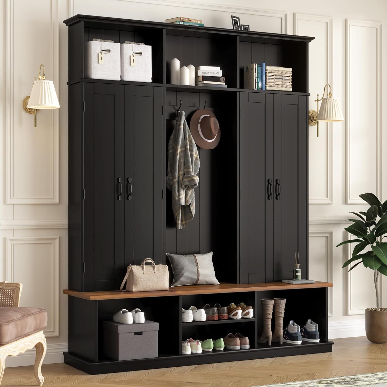 LUMISOL Farmhouse Hall Tree with Bench and Shoe Storage, 62''W Entryway Bench with Hooks, 2 Cabinets & 3 Open Top Cubbies for Entrance, Hallway, Mudroom, Black