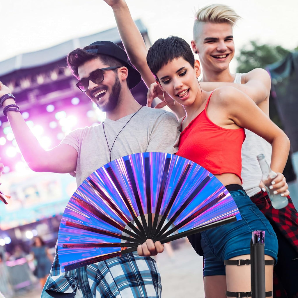 FairySandy Large Rave Fan UV Glow Clack Summer Hand Fan with Thigh Holster for Women Carnival Party Supplies for Carnival Edm Music Festival Club Accessories(Purple Laser,Laser Color)