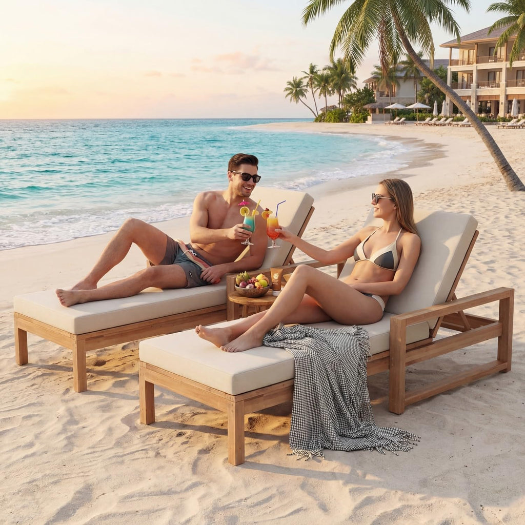 Outdoor Chaise Lounge Chair Set of 2, Patio Chaise Lounge Recliner with Adjustable Backrest, Acacia Wood Poolside Chaise Lounge with Thick All-Weather Cushions for Patio, Deck and Backyard(B)