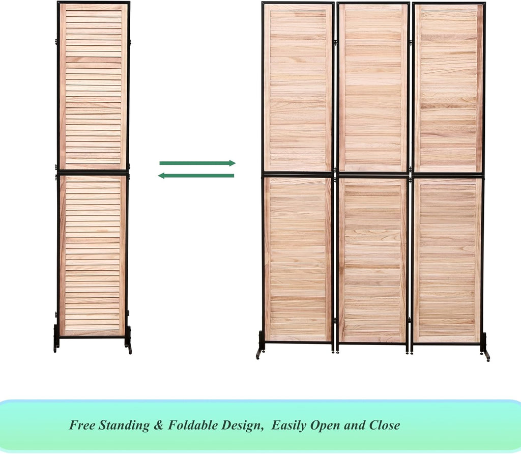 3 Panel Room Divider, 6Ft Wood Folding Privacy Screen, Free Standing Room Separator for Home Office Bedroom, Wall Partition Dividers with Metal Frame