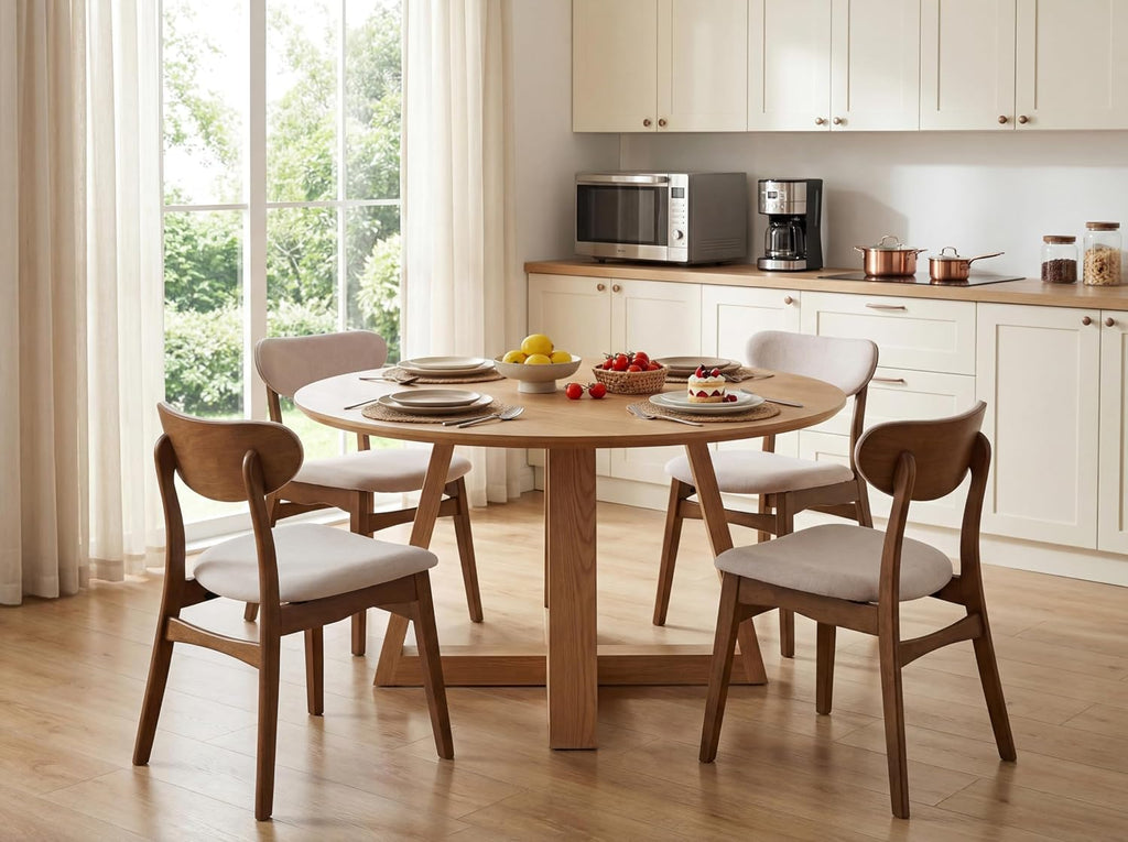 Wooden Dining Chairs Set of 2 - Farmhouse Fabric Upholstered Kitchen Chairs with Curved Back, Solid Wood Mid-Century Modern Side Chair for Dining Room, Beige & Walnut