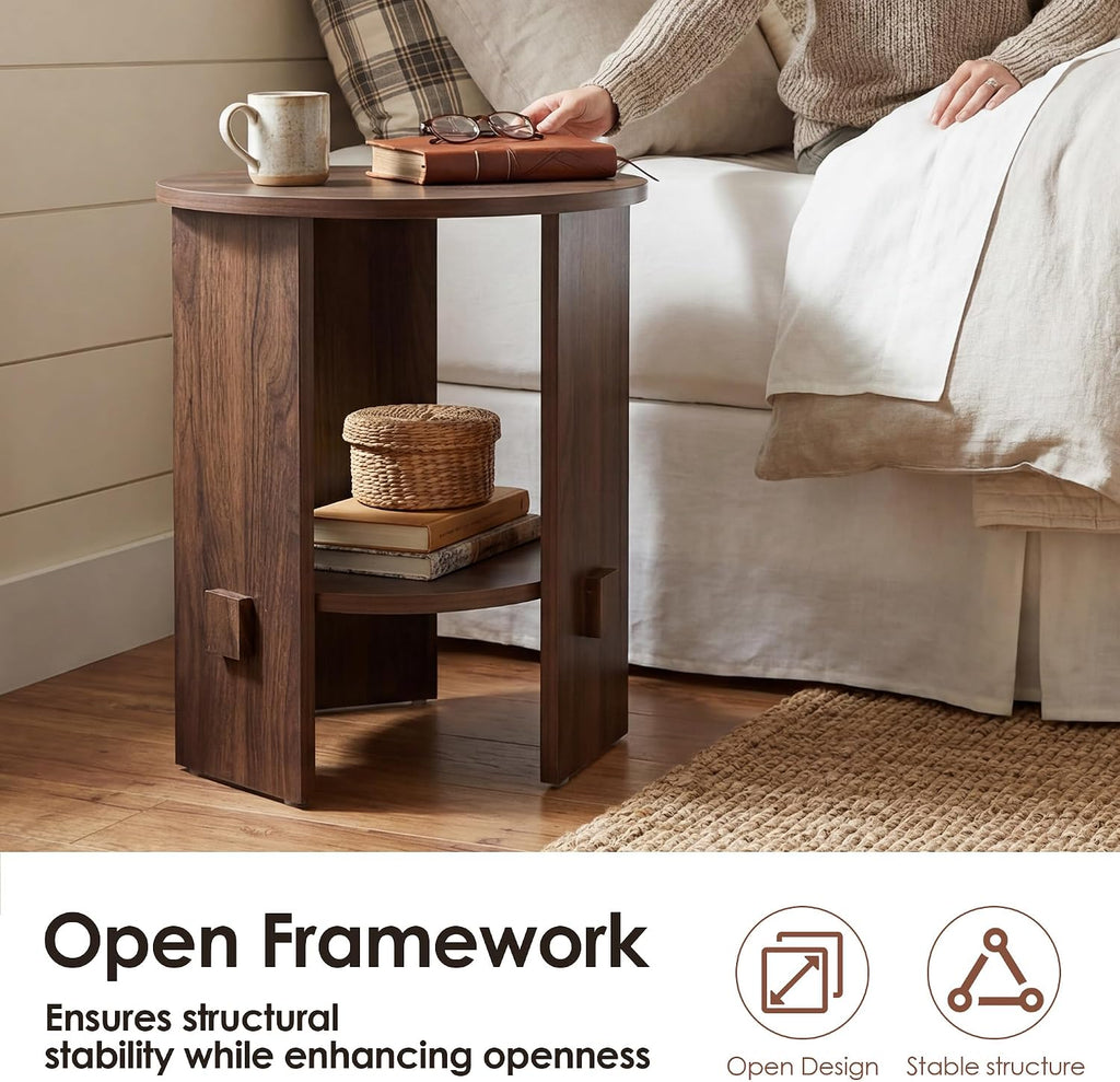 chairus Round Side Table, 15.5" Small End Table with 2-Tier Open Storage, Modern Nightstand for Living Room Bedroom, Compact Accent Furniture for Small Spaces, Walnut