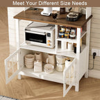 ChooChoo Farmhouse Bakers Rack with Power Outlets and Storage, Coffee Bar Cabinet with Storage, Microwave Stand Kitchen Cabinet with Hutch and 6 Hooks, Soft White & Brown