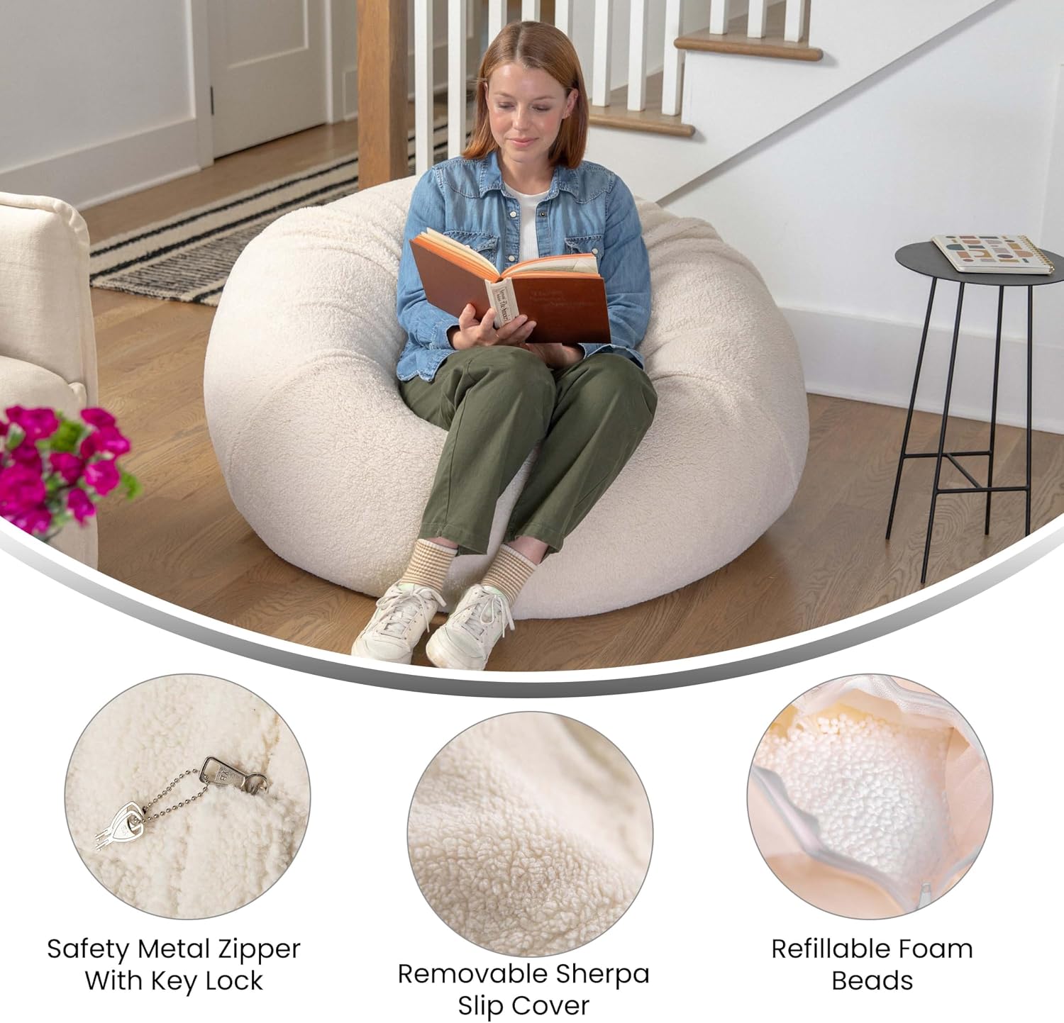 EMMA + OLIVER Denver Sherpa Bean Bag Chair, Classic Refillable Bean Bag Chair for Kids and Teens, Large, Natural