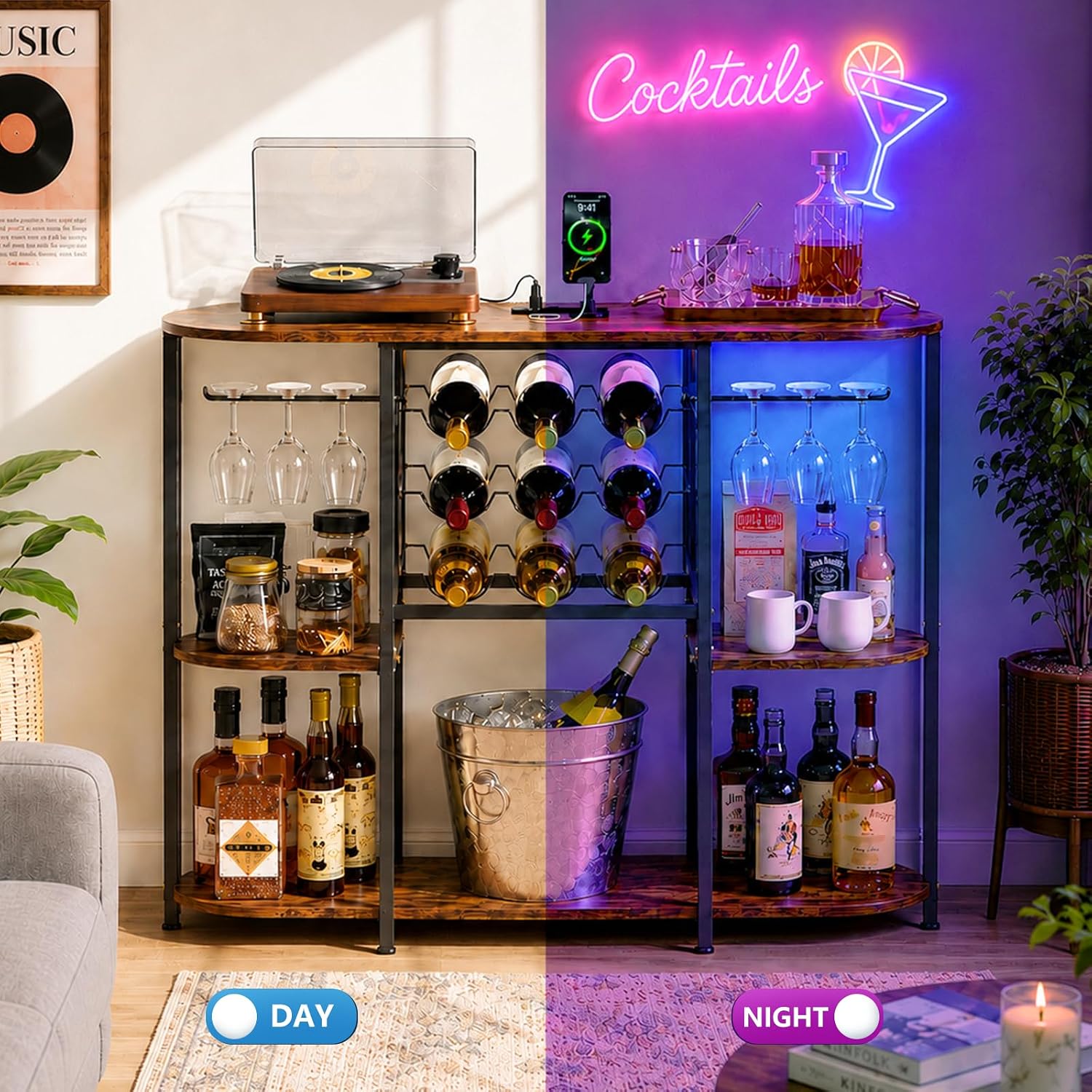 Gintan Wine Bar Cabinet with LED Lights, Mini Wine Bar Cart with Storage and Glass Holder Power Outlet Easy to Assemble, Home Bar Coffee Bar for Liquor, 3-Tier Bar Table for Kitchen&Dining&Living Room