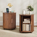 18 Inch Nightstands Set of 2, Fluted Round Wood Nightstand with Charging Station, Small End Table for Living Room, Sliding Door Round Side Table with Storage for Bedrrom (18 inch, Walnut)