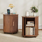 18 Inch Nightstands Set of 2, Fluted Round Wood Nightstand with Charging Station, Small End Table for Living Room, Sliding Door Round Side Table with Storage for Bedrrom (18 inch, Walnut)
