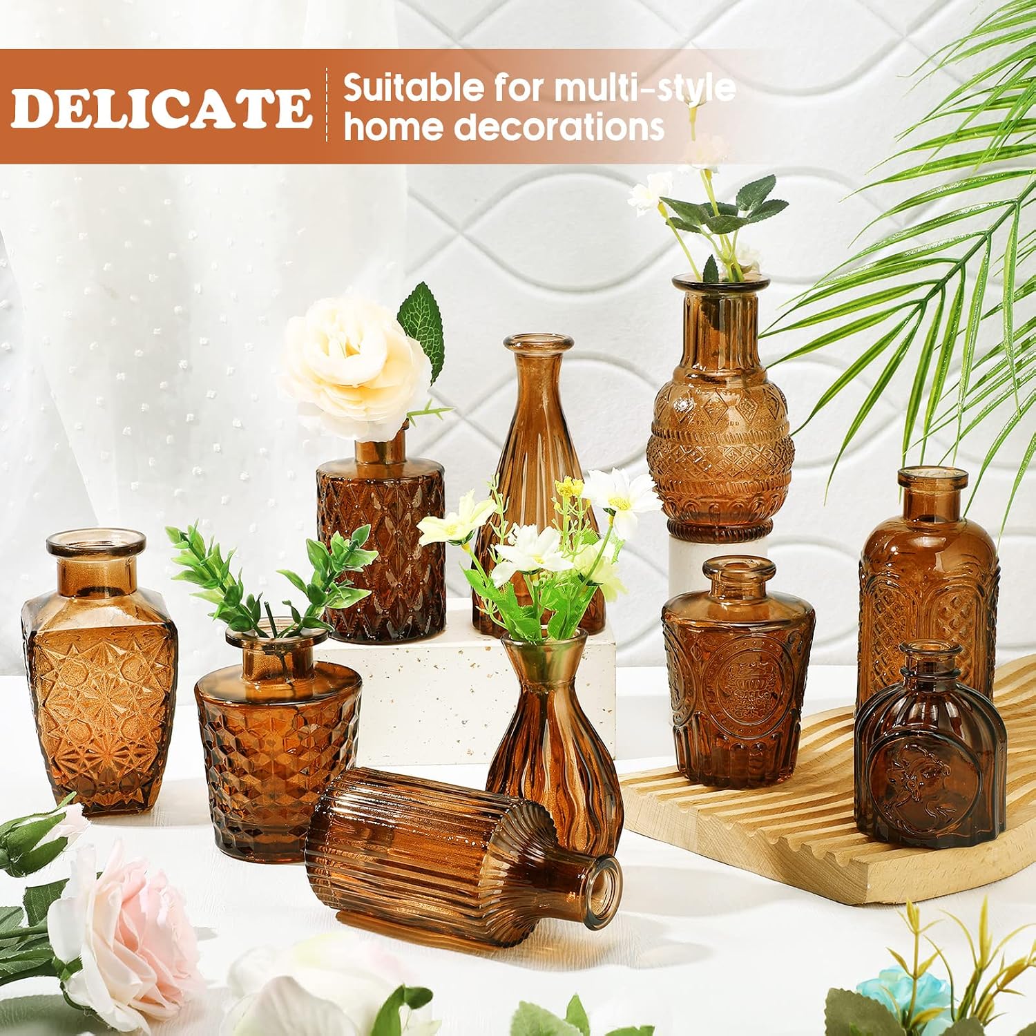 Inbagi 20 Pcs Glass Bud Vase Set - Dark Amber Small Flower Vases Bulk, Vintage Embossed Decorative Bottles for Wedding Valentine Home Table Centerpieces Decor
