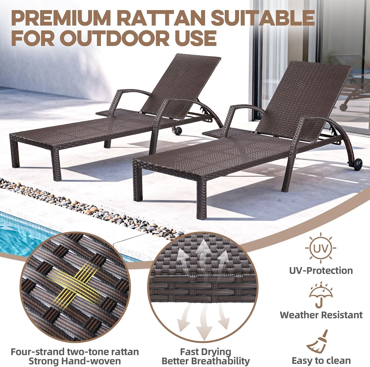 Patio Chaise Lounge Chairs Set of 2 Wicker Pool Lounge Chairs Outdoor with 5 Adjustable Back & Removable Cushion & Tray Tanning Chair Sun Loungers for Patio Poolside Deck Beach