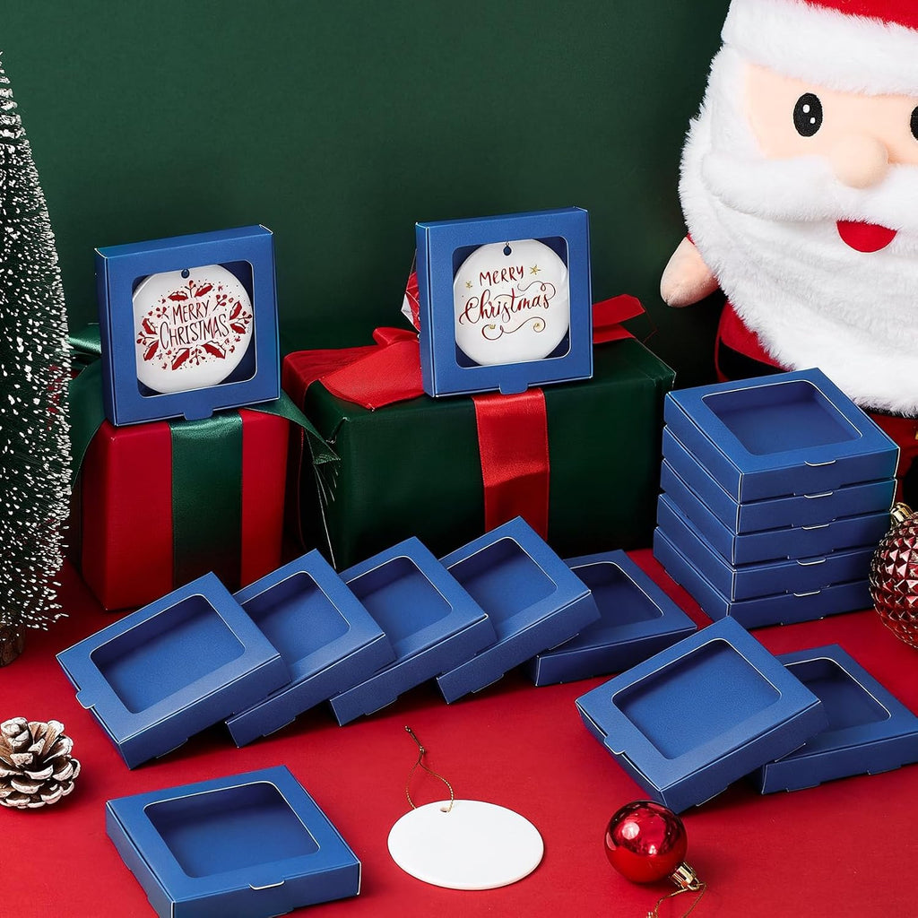Dunzoom 25 Pcs Sublimation Ornament Blanks Gift Box 3.6"x3.6"x0.7" Christmas Ornaments Holder Ceramic Discs Packaging Box with Window for Personalized Xmas Tree Blanks Bulk (Dark Blue)