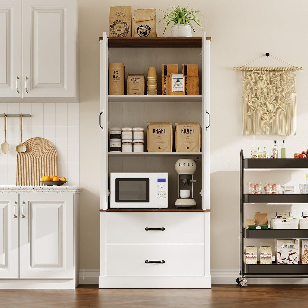 White Kitchen Pantry Cabinet with 2 Drawers, Farmhouse Tall Storage Cabinet, Wood Food Pantry with Barn Doors and Adjustable Shelves Versatile Storage Freestanding Cupboard for Kitchen